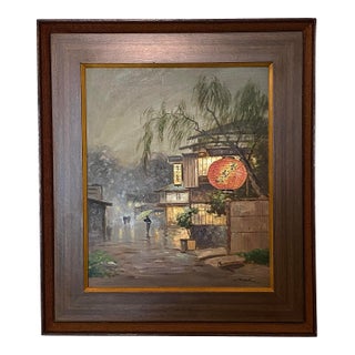 Vintage Japanese Framed Oil Painting of Street Scene - Signed For Sale