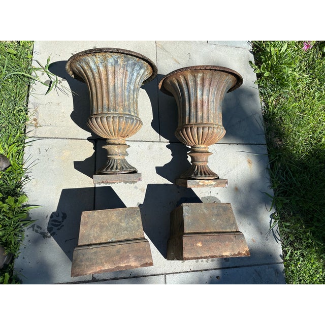 Late 20th Century Neoclassical Cast Iron Urns on Plinths - A Pair For Sale - Image 10 of 12