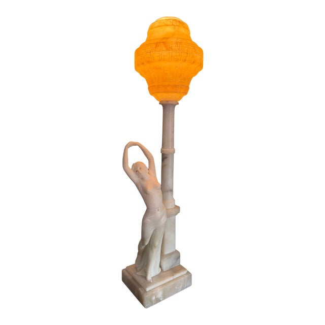 1930s Alabaster Carved Figural Table Lamp For Sale