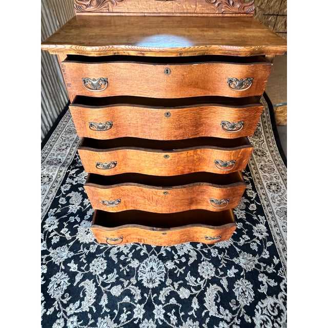 Antique Quarter-Sawn Oak Serpentine Dresser With Original Oval Swing Mirror, C. 1900–1915 For Sale - Image 12 of 17