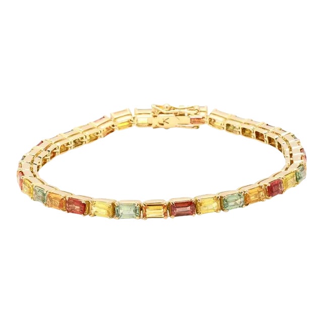 Multi Colored 12.25 Ct Sapphire Handcrafted Tennis Bracelet in 18k Yellow Gold For Sale
