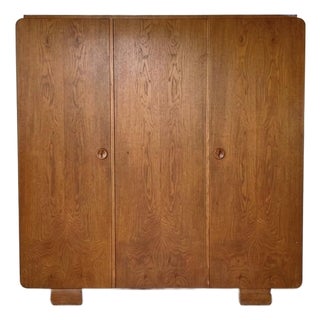 1940s Modernist Solid Oak Grand 71" Waterfall Wardrobe Armoire, Working Lock For Sale