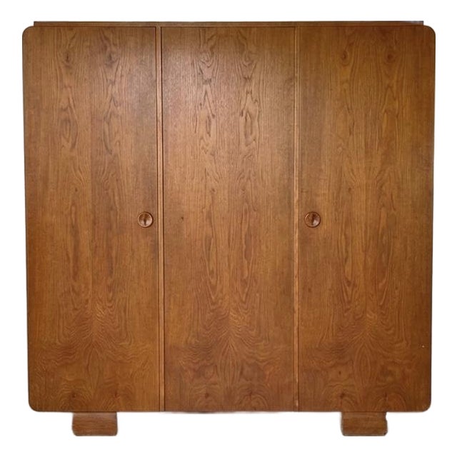 1940s Modernist Solid Oak Grand 71" Waterfall Wardrobe Armoire, Working Lock For Sale