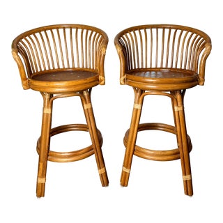 Vintage Mid 20th Century Modern Rattan Swivel Bar or Counter Chairs - a Pair For Sale