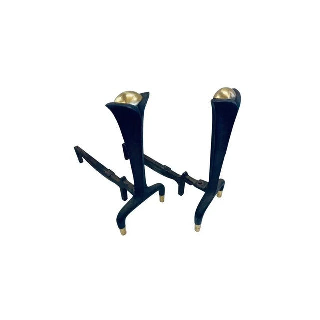Mid-Century Modern Vintage 50s Mid Century Modern Art Deco Donald Deskey Wrought Iron & Brass Fireplace Andirons For Sale - Image 3 of 11