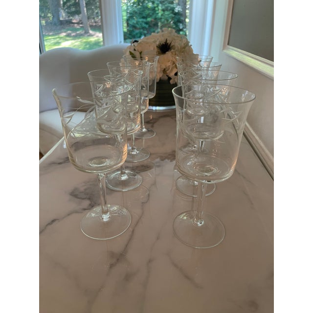 Transparent 1950s Set of 8 Vintage Etched Crystal Wine Glasses For Sale - Image 8 of 12