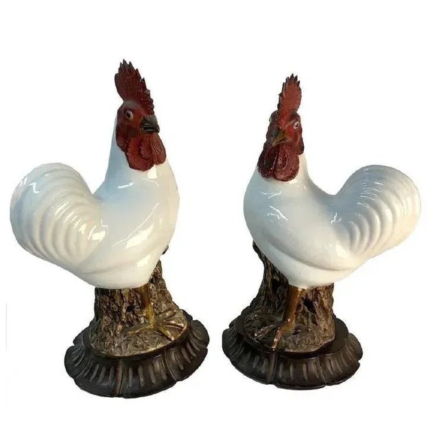 Large pair 18th century Chinese export porcelain cockerels or roosters standing on rock work on fitted carved wood stands....