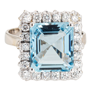 Vintage 5.35ct Aquamarine Diamond Square 18k White Gold Cocktail Ring Size 8.5