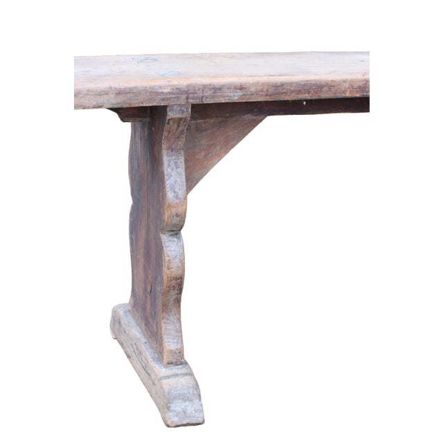 Long French Wabi-Sabi Pine Bench with Sculptural Trestle Supports, 1900 For Sale - Image 6 of 11