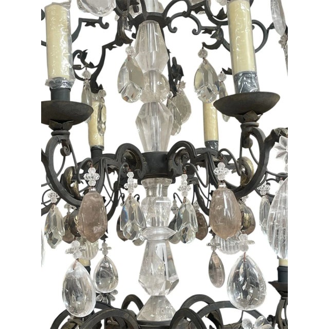 Hand-Carved Rock Crystal and Wrought Iron Chandelier. u.s.a. Late 20th Century. For Sale - Image 4 of 5