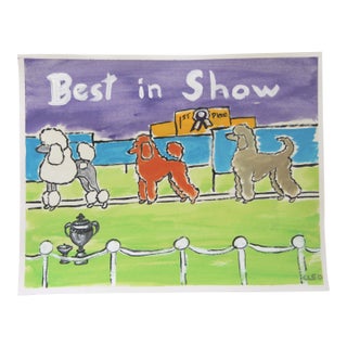 Dog Poodles Surreal Americana Pop Art Interior Blue Green White Gray Original Painting by Cleo Plowden For Sale