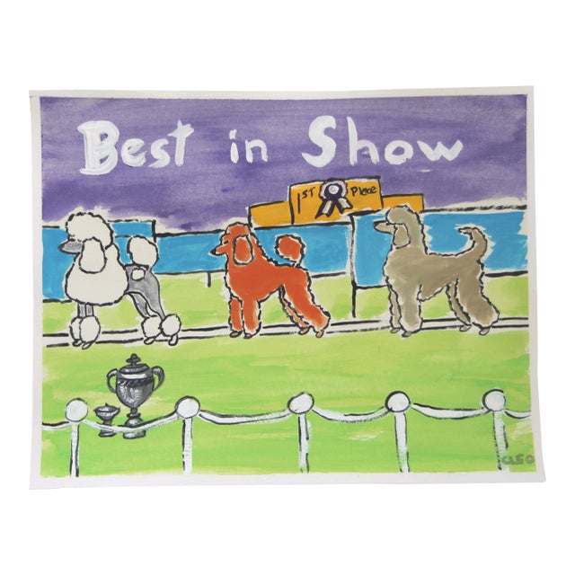 Dog Poodles Surreal Americana Pop Art Interior Blue Green White Gray Original Painting by Cleo Plowden For Sale