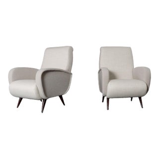 Pair of Italian Walnut and Gray and White Tweed Club Chairs After Marco Zanuso For Sale