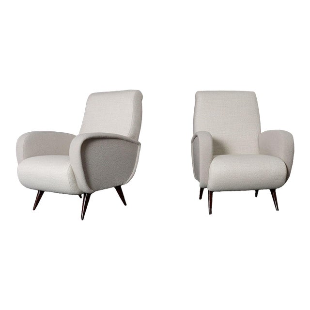 Pair of Italian Walnut and Gray and White Tweed Club Chairs After Marco Zanuso For Sale