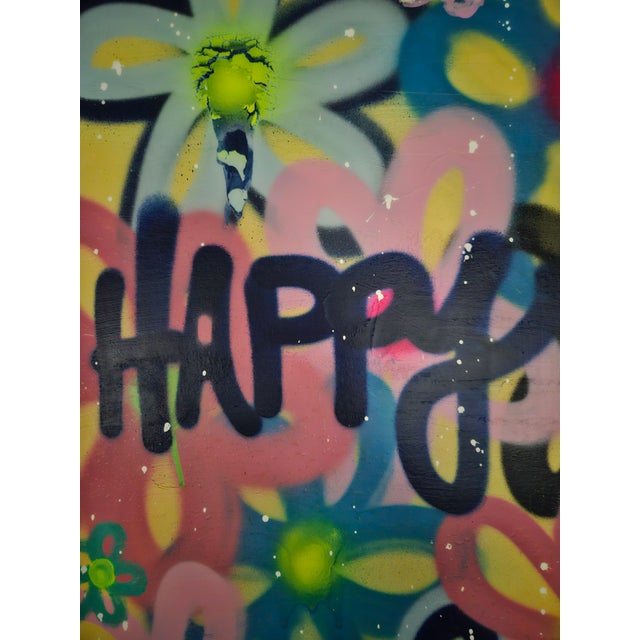 Fun, bright, graffiti-style painting on canvas by Amber Goldhammer. Excellent condition. Measurements are 30"h x 24"w x...