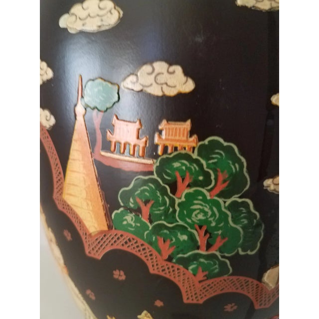 Vintage Chinoiserie Metal Hand Painted Black Lacquer Jardiniere For Sale - Image 4 of 8
