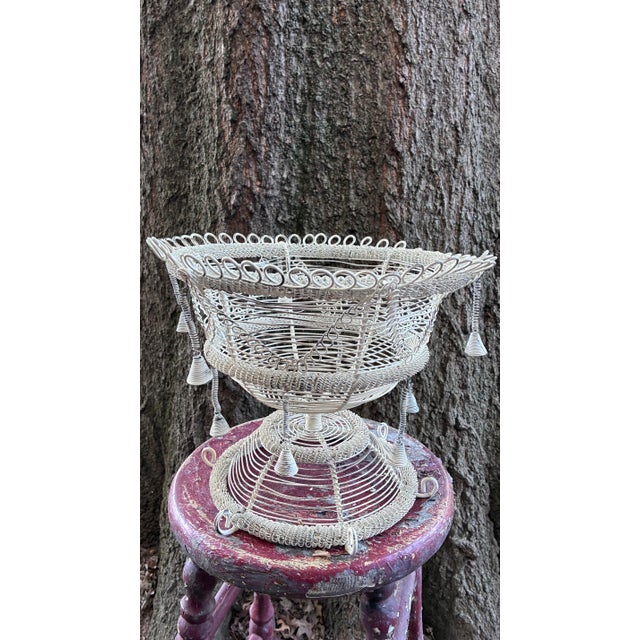Vintage French White Wirework Pedestal Basket For Sale - Image 4 of 6