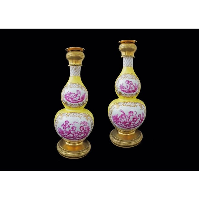 Dresden Porcelain Yellow Double Gourd Candlestick Vases Dresden Helena Wolfsohn Bronze Mounted Porcelain Rococo Style - A Pair For Sale - Image 4 of 7