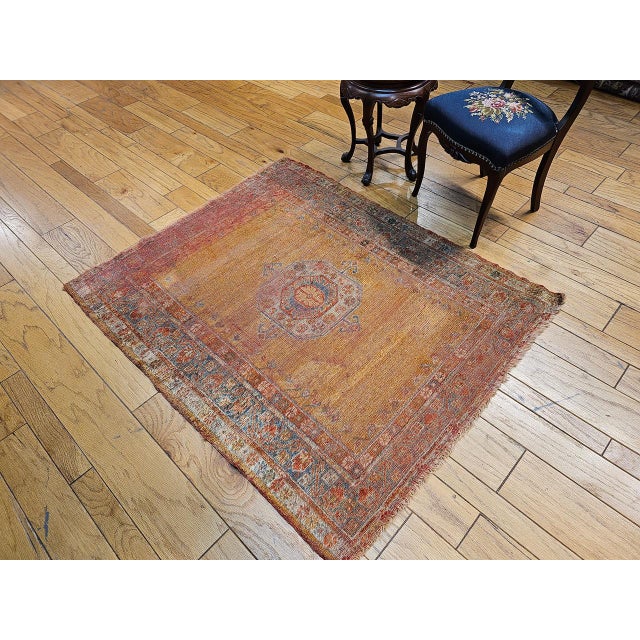 19th Century Antique Turkish Oushak Area Rug, 1880s, Pale Yellow & Blue, 5' x 5' For Sale - Image 4 of 14