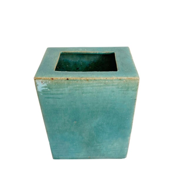 Ceramic Antique 19th Century Chinese Export Porcelain Aqua Green Monochrome Glaze Pillow Form Flower Brick Block Vase For Sale - Image 7 of 9