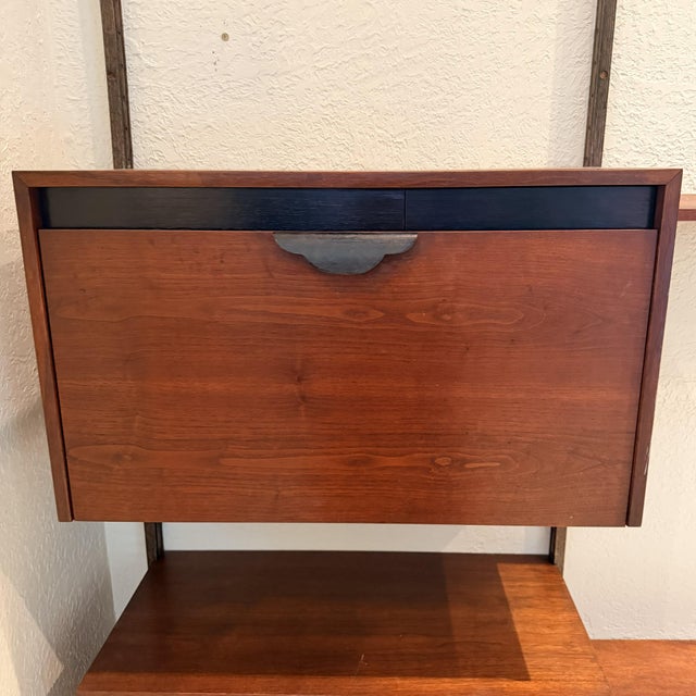 Wood Vintage 1960s Mid Century Modern Walnut Wall Unit, Custom Modular Shelving Brutalist Iron Accents For Sale - Image 7 of 10