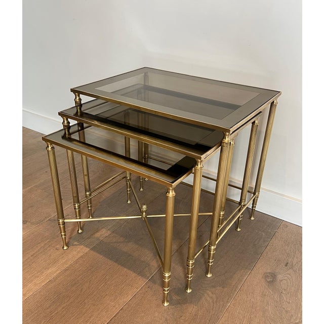1940s Neoclassical style brass nesting tables. French work by Maison Jansen. For Sale - Image 12 of 12