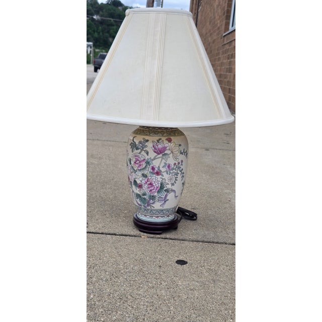 Alabaster Vintage Chinese Porcelain Floral Table Lamp With Hardwood Base & Pleated Shade For Sale - Image 8 of 12