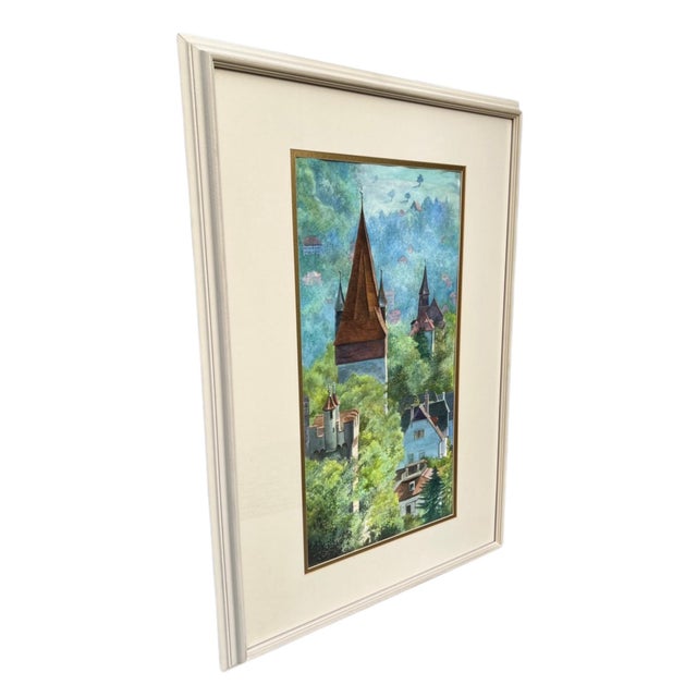 Entitled “Towers of Lucerne”. A quietly enchanting watercolor by artist Florence Strauss, depicting a romanticized...