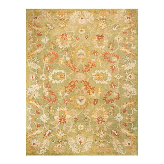 1890s Green Floral Antique Turkish Anatolian Oushak Rug 12'4" X 16'2" Handknotted Wool Carpet For Sale