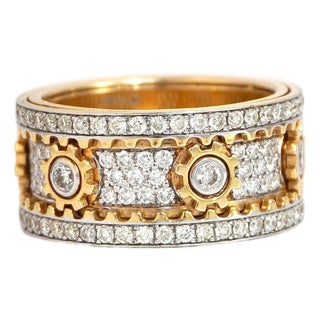 18k Yellow Gold Rotating Gear Ring With 1.6ct Gh VVS Diamonds, New, Size 6.5 For Sale