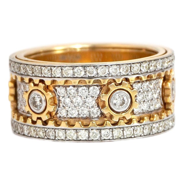 18k Yellow Gold Rotating Gear Ring With 1.6ct Gh VVS Diamonds, New, Size 6.5 For Sale