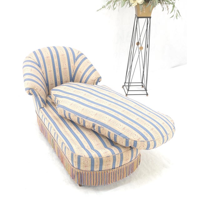 Traditional Down Filled Tassels Blue & Gold Upholstery Turned Legs Chaise Lounge For Sale - Image 3 of 12