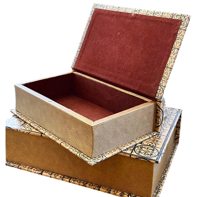Textile Pair of Trompe L’Oeil Faux Book Boxes in the Italian Florentine Style, 11" For Sale - Image 7 of 15