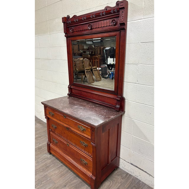 Victorian Antique Victorian Eastlake Marble Top Walnut Dresser With Mirror For Sale - Image 3 of 13