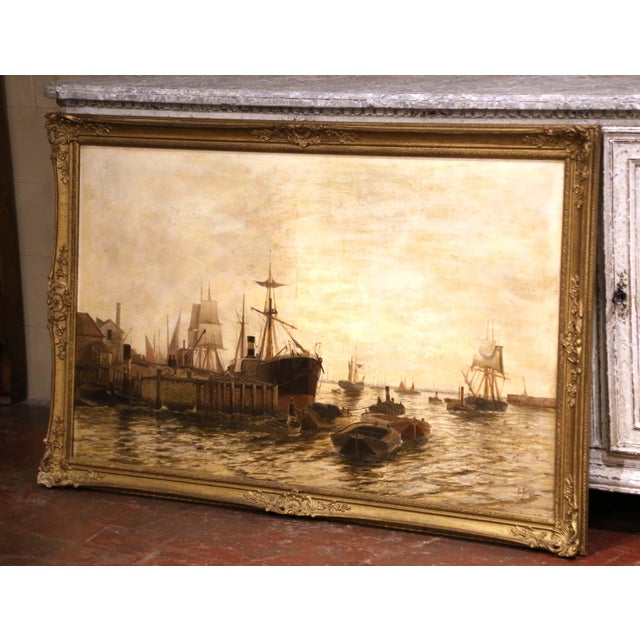 Capturing the activity and changing character of London’s historic waterfront, this large antique marine painting presents...