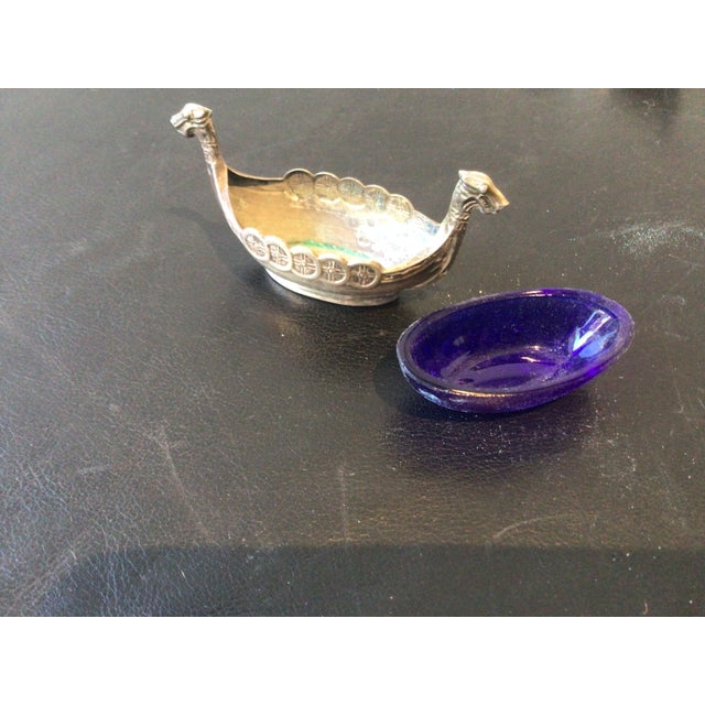 Viking Boat Swedish Sterling Salt Cellars with Cobalt Blue Glass