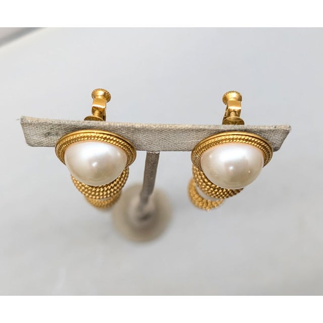 White Vintage Signed Napier Goldtone Faux-Pearl Drop Clip Earrings-2 Pieces For Sale - Image 8 of 9
