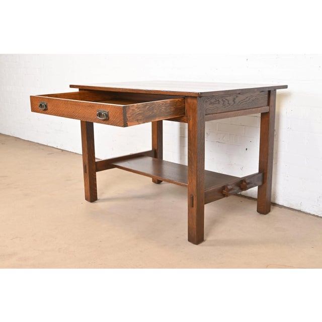 Early 20th Century Antique Stickley Mission Oak Arts & Crafts Desk or Library Table, Newly Restored For Sale - Image 5 of 12