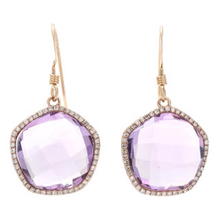 0.30ctw Amethyst & Diamond Dangle Earrings, 14k Yellow Gold, Length 1.25 In, A Pair For Sale