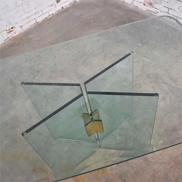 Brass All Glass Dining Table With Brass Plated Connector Attributed to the Pace Collection For Sale - Image 8 of 13
