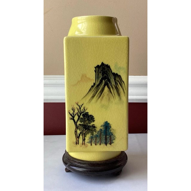 Vintage Chinese Yellow Porcelain Vase With Painted Mountains & Inscription – Attached Wood Base – 11¼” For Sale - Image 10 of 11