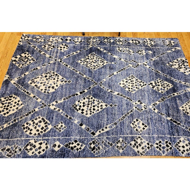 Mid-Century Modern Vintage Moroccan Rug, Hand-Knotted Wool, All-Over Geometric Pattern, Blue & Ivory, 6’ X 9’ For Sale - Image 3 of 12