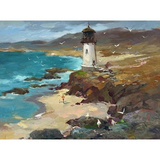 Oil Painting Lighthouse by the Sea on the Beach Yuriy Suprunchuk For Sale