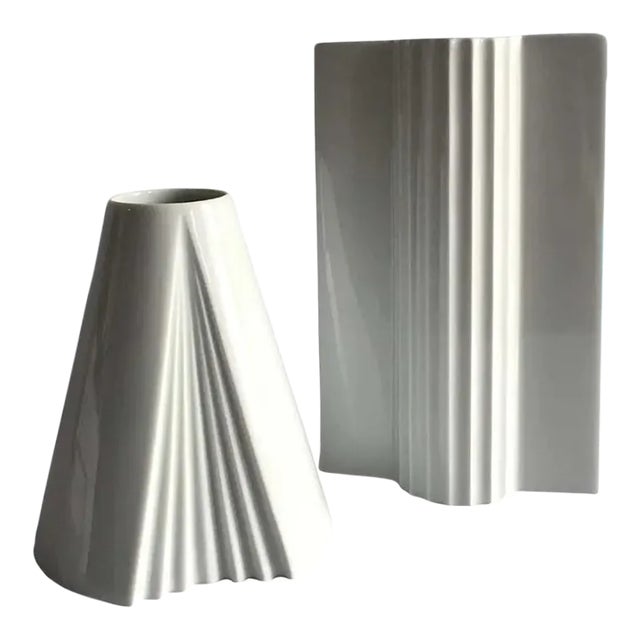 1980s Rosenthal and Thomas Keramik White Porcelain Vases With Pleat Details - Set of Two For Sale