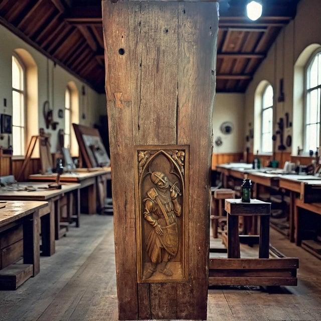 1880's English Carved Oak Gothic Style Crusader Knight in 18th Century Thick Plank For Sale - Image 4 of 7