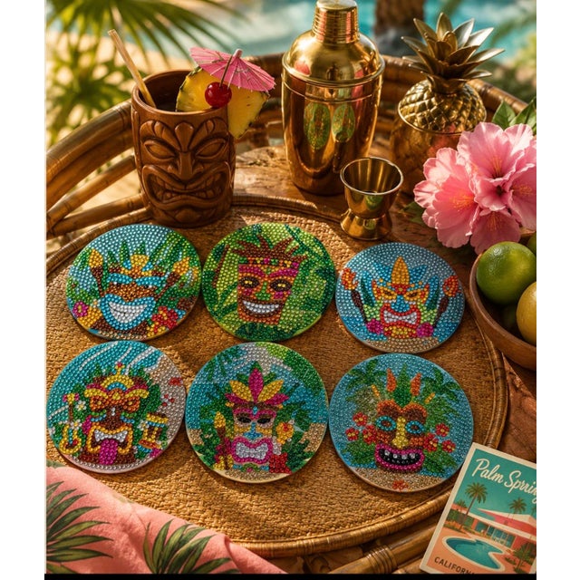 Gemstone Set of 6 Vintage Tiki Rhinestone Coasters | Palm Springs Poolside Barware | Tropical Island Cocktail Coasters For Sale - Image 7 of 9