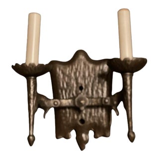 Vintage Gothic Iron Two Armed Wall Sconce For Sale