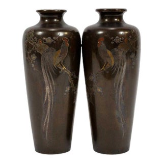 Pair of Japanese Bronze Vase with Metal Inlays by Mitsufune For Sale
