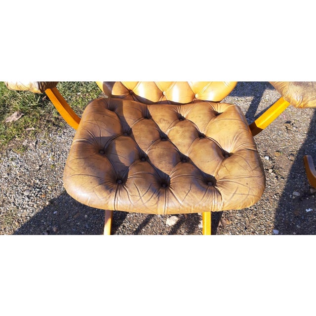 Brown Chesterfield Leather Armchairs and Pouf, 1930, Set of 3 For Sale - Image 8 of 11