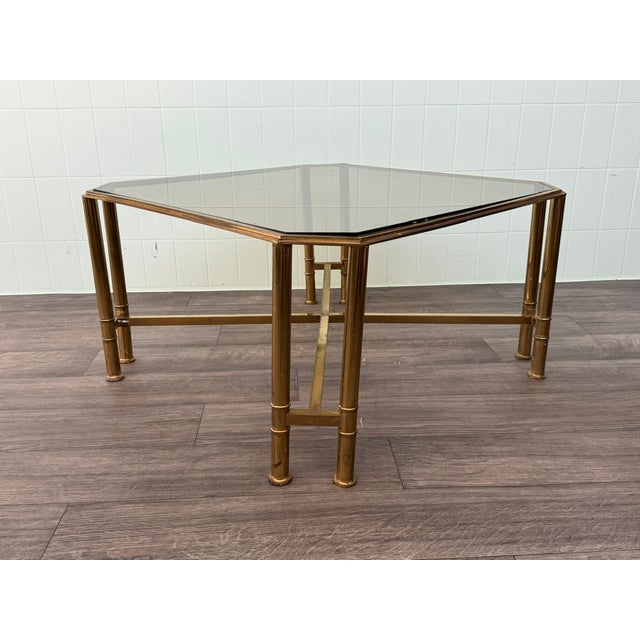 Metal Vintage Hollywood Regency Style Brass and Smoked Glass Coffee Table, 1970s For Sale - Image 7 of 17